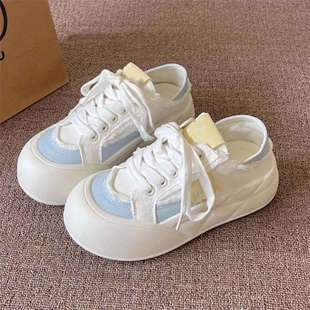 2025夏季新款半拖小白鞋厚底圆头女鞋半托两穿踩跟鞋子帆布鞋板鞋