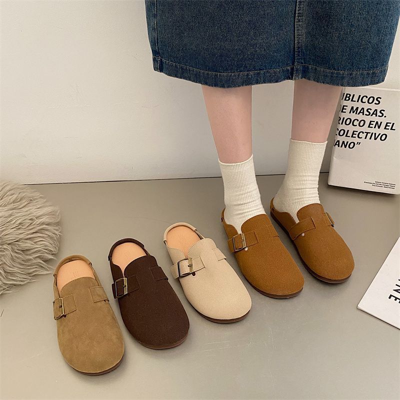 真皮复古厚底包头半拖鞋女2025秋季新款森系懒人软平底丑萌勃肯鞋