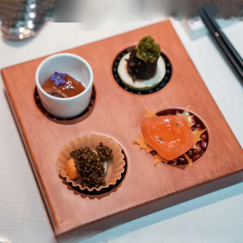 法式西餐分子料理前菜位上甜品简约盘餐厅创意四格木制餐具西餐盘