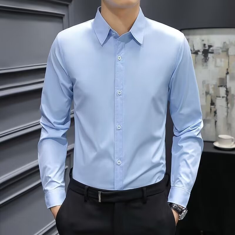 秋季衬衫男士长袖白色雾霾蓝色抗皱免烫商务内搭衬衣短袖西装寸衫