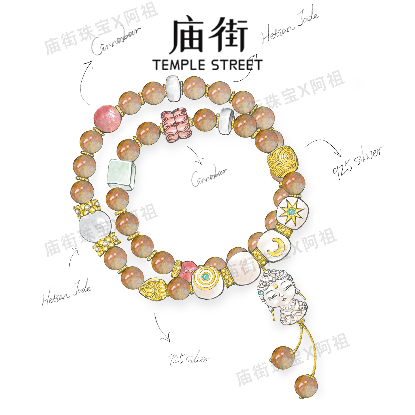 庙街珠宝和田玉多宝双圈手串（多样性发一）