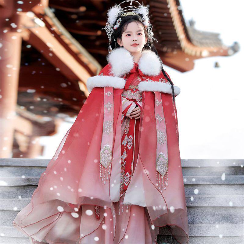 秋冬款原创汉服雪域神女儿童晋制交领齐腰裙仙气加绒加厚披风斗篷