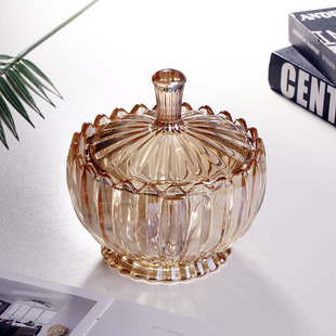简约创意水晶玻璃糖果罐精致条纹带盖储物零食干果盒糖缸收纳摆件