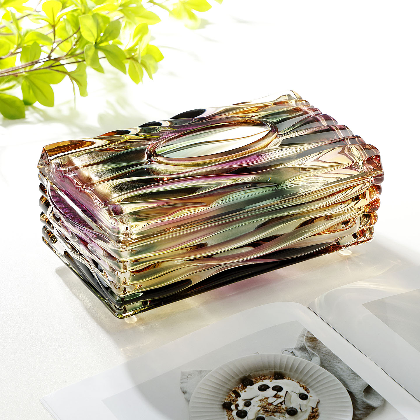 轻奢家用彩色玻璃纸巾盒海浪纹客厅桌面抽纸盒餐巾纸收纳盒摆件