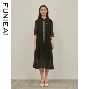 黑色极简风小立领中袖 FUNIEA佛尼亚黑纱长裙夏季 新款 雪纺连衣裙女