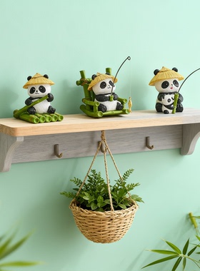 卡通熊猫木质壁挂收纳架摆件