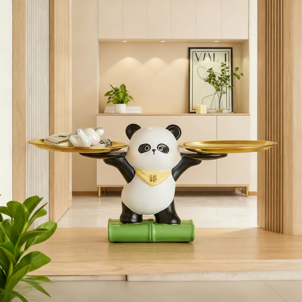 可爱熊猫造型桌面收纳托盘摆件