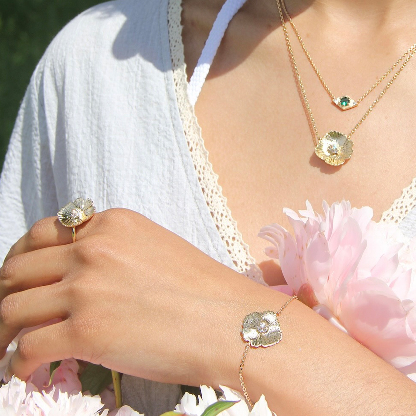 JFB法国进口18K包金山茶戒指项链