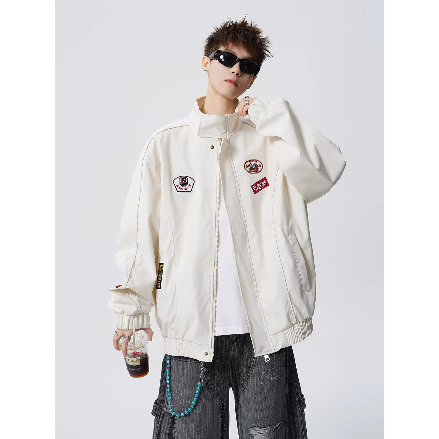 特大码300斤ins高街徽章立领男女赛车服潮牌宽松痞帅百搭运动外套