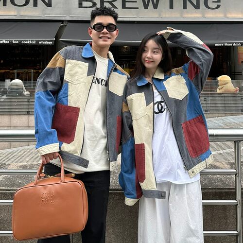 特大码美式复古潮牌格子撞色夹克