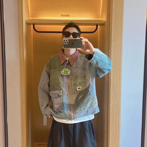 特大码复古拼接大贴袋撞色夹克