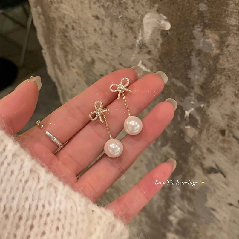 后挂式闪锆珍珠蝴蝶结耳环女耳饰
