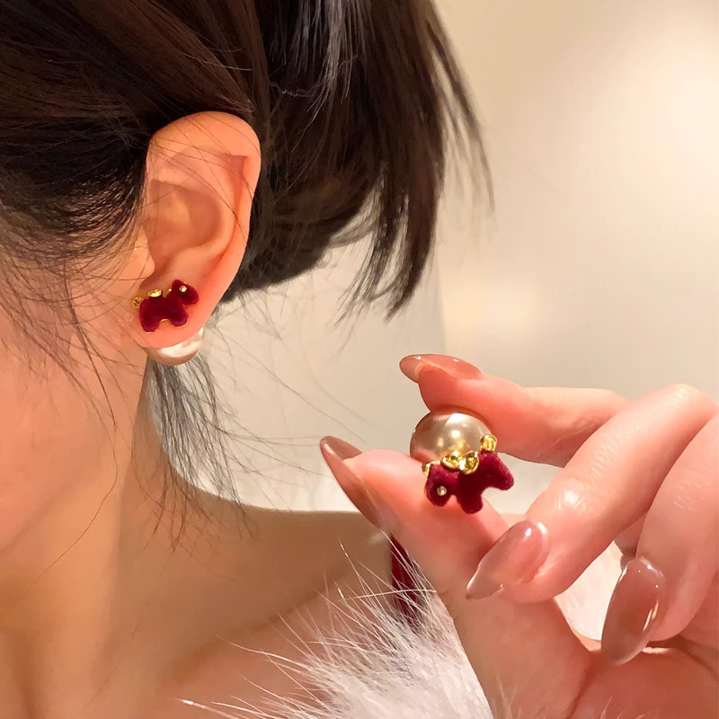 s925纯银红色丝绒珍珠小马耳环两戴款耳钉轻奢小众气质高级感耳饰,饰品/流行首饰/时尚饰品新,耳环,淘宝优惠券,粉丝福利购,淘宝优惠卷