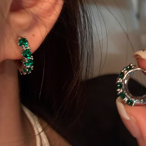 925银祖母绿精致锆石耳圈高级感