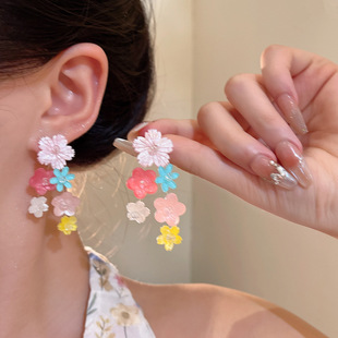 s925纯银多巴胺彩色花朵耳环女2025年新款爆款海边度假风耳饰耳钉