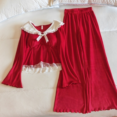 海岛绒睡衣女春秋冬带胸垫家居服