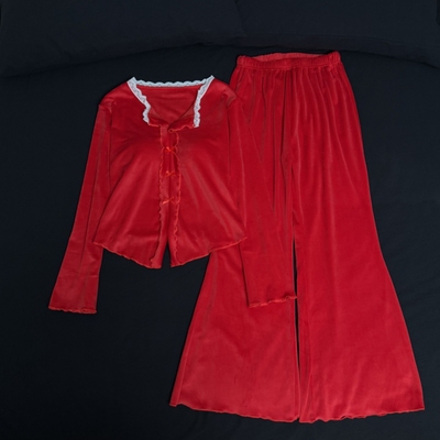 海岛绒睡衣女春秋冬带胸垫家居服