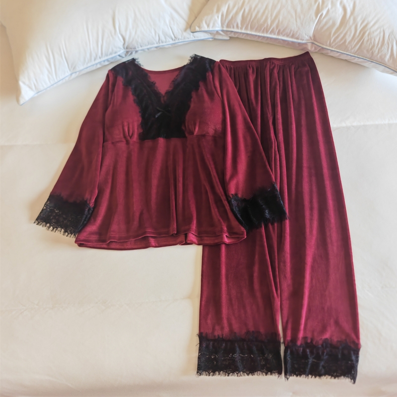 海岛绒睡衣女秋冬亲肤薄绒家居服