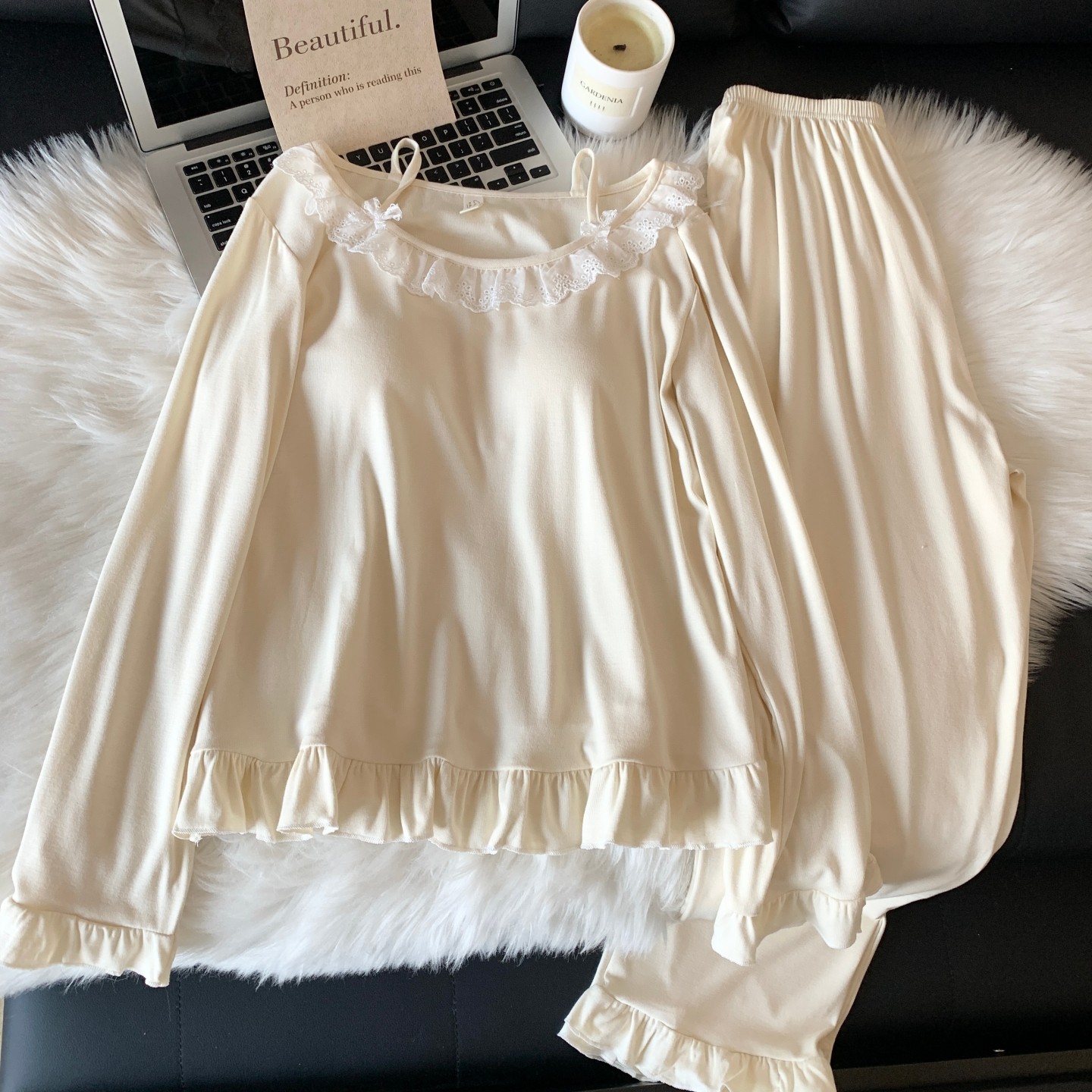 莫代尔睡衣女春秋季新款花边领口长袖长裤带胸垫一体家居服两件套,女士内衣/男士内衣/家居服,睡衣/家居服套装,淘宝优惠券,粉丝福利购,淘宝优惠卷