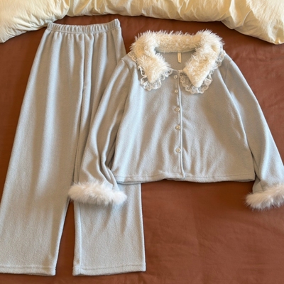 软绵绵半边绒睡衣女春秋冬家居服