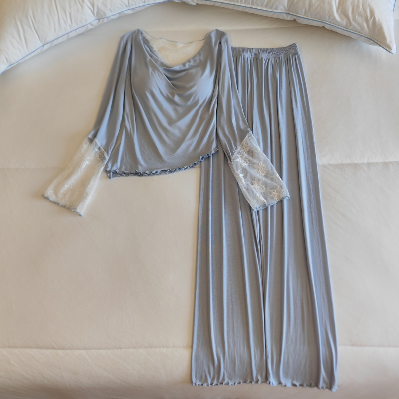 莫代尔睡衣女春秋季长袖蕾丝花边带胸垫一体甜美高级感家居服套装