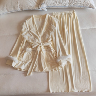 两件套甜美公主风新款 长裤 家居服 蕾丝花边长袖 海岛绒睡衣女秋冬季