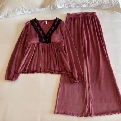 双面绒睡衣女春秋冬带胸垫家居服