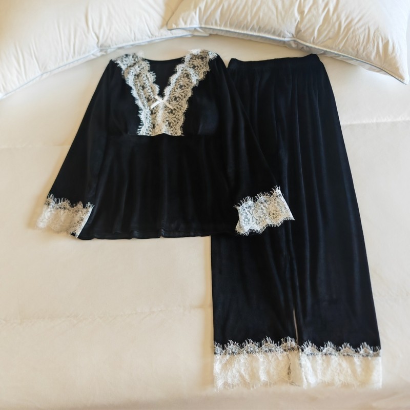 海岛绒睡衣女春秋冬季长袖花边法式高级感带胸垫薄绒家居服两件套,女士内衣/男士内衣/家居服,睡衣/家居服套装,淘宝优惠券,粉丝福利购,淘宝优惠卷