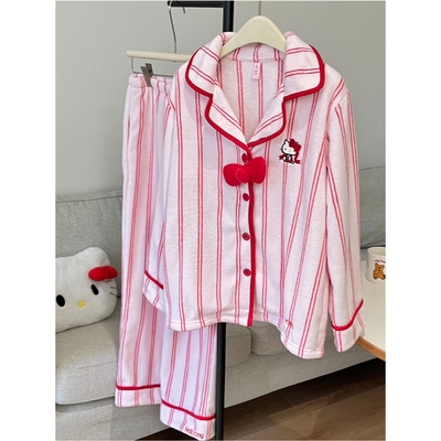 可爱HelloKitty条纹珊瑚绒睡衣女