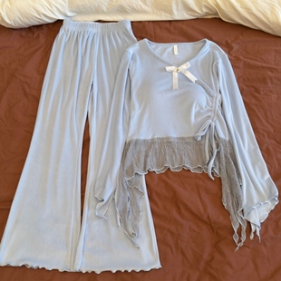 双面绒睡衣女春秋冬季加绒保暖长袖蕾丝边性感带胸垫家居服两件套