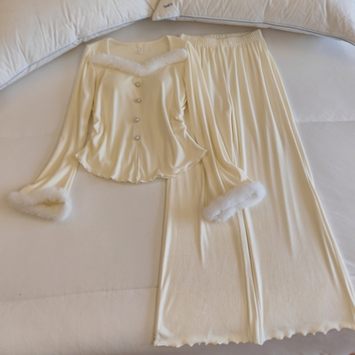 带胸垫睡衣女春秋冬海岛绒家居服