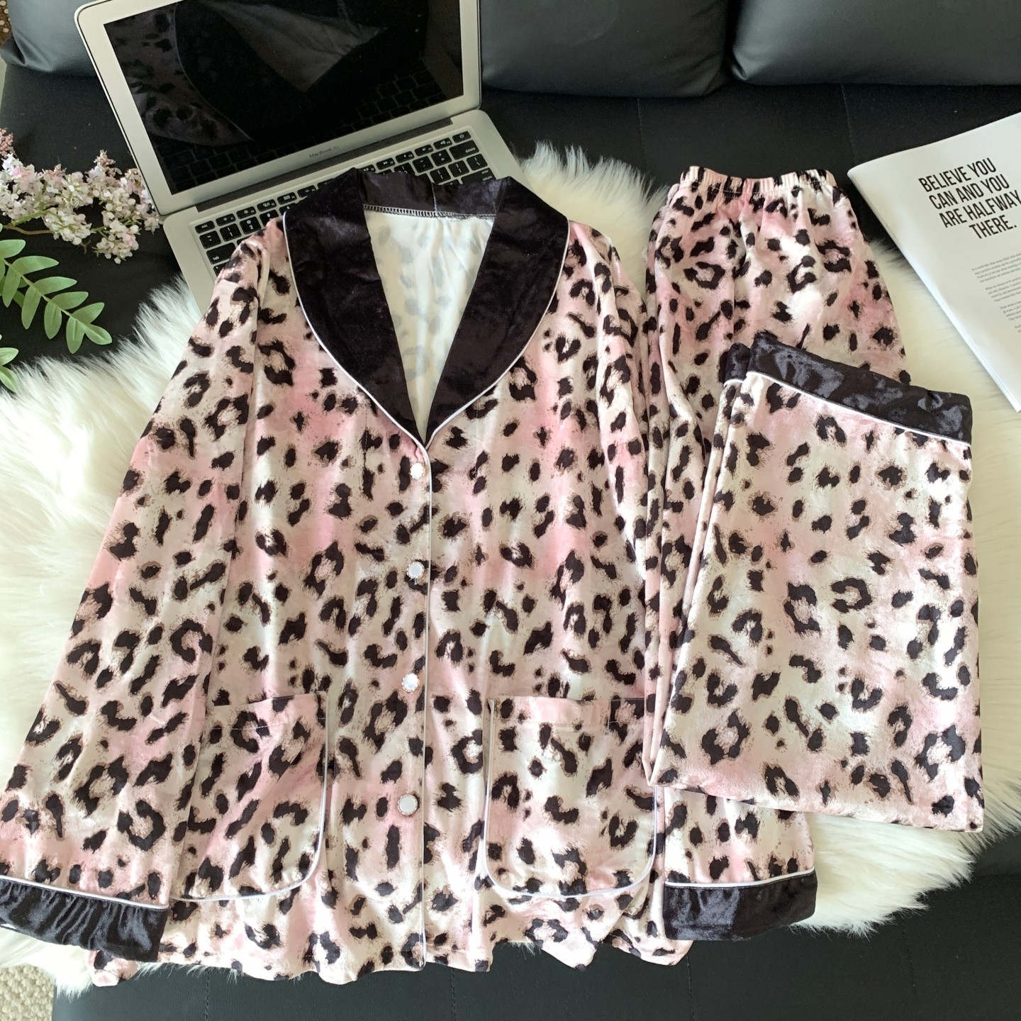 豹纹睡衣女春秋冬季金丝绒家居服