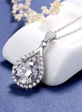 s925纯银新品镀白金镶钻梨形水滴吊坠项链学院风泪滴锁骨链礼物女