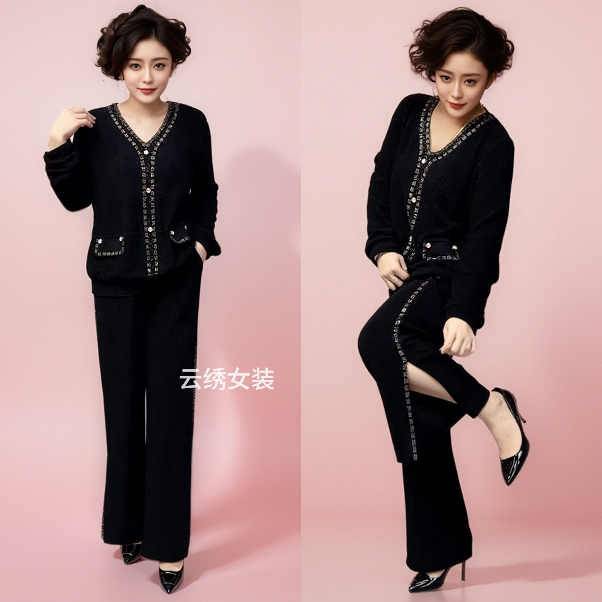 高档金丝绒两件套装新款时尚大码妈妈装女士上衣长袖裤子洋气减龄