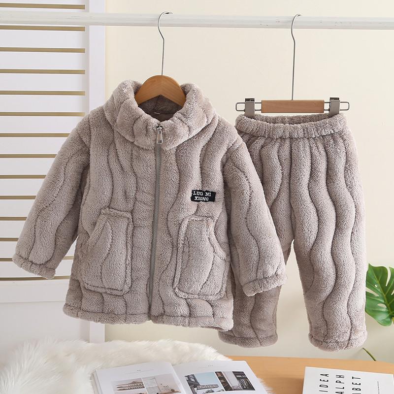 冬季女童法兰绒睡衣男童三层夹棉儿童加绒加厚宝宝立领拉链家居