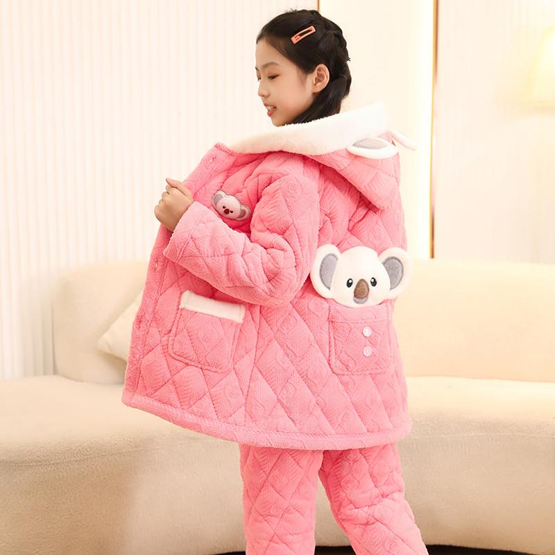 女童冬季睡衣2024法兰绒新款加厚儿童三层夹棉中大女孩加绒家居