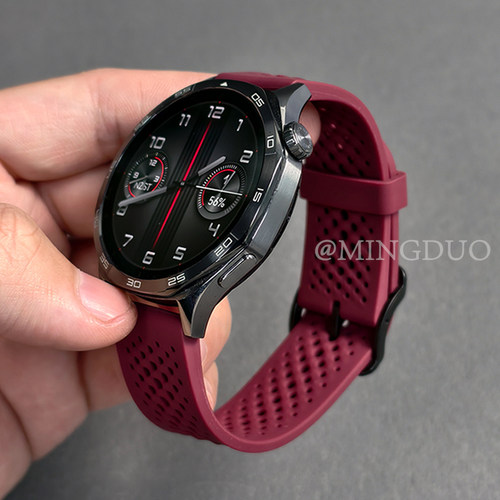 鸣铎新款透气网孔酒红色硅胶表带