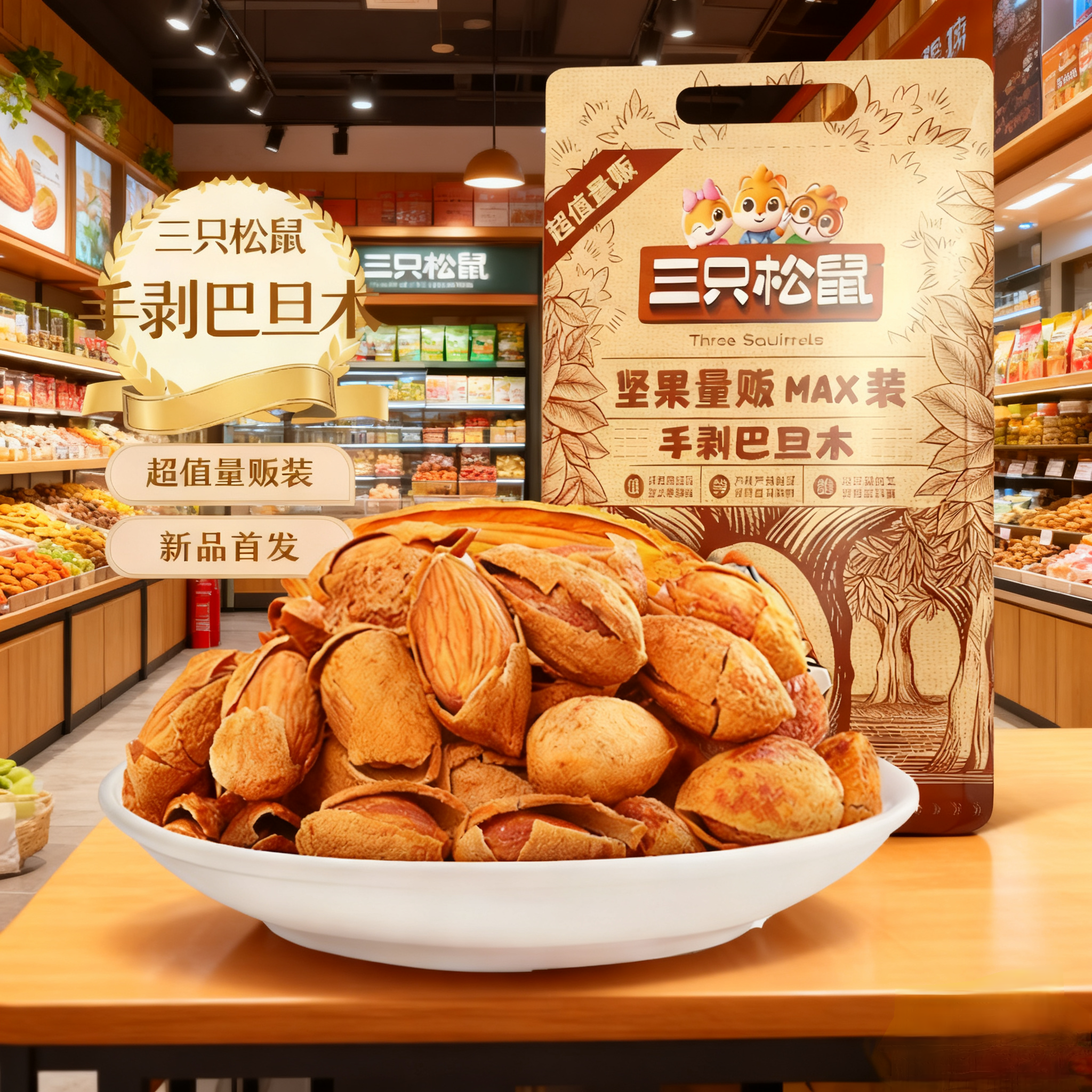 三只松鼠量贩袋装巴旦木500g巴旦木仁杏仁扁桃仁坚果炒货零食1斤