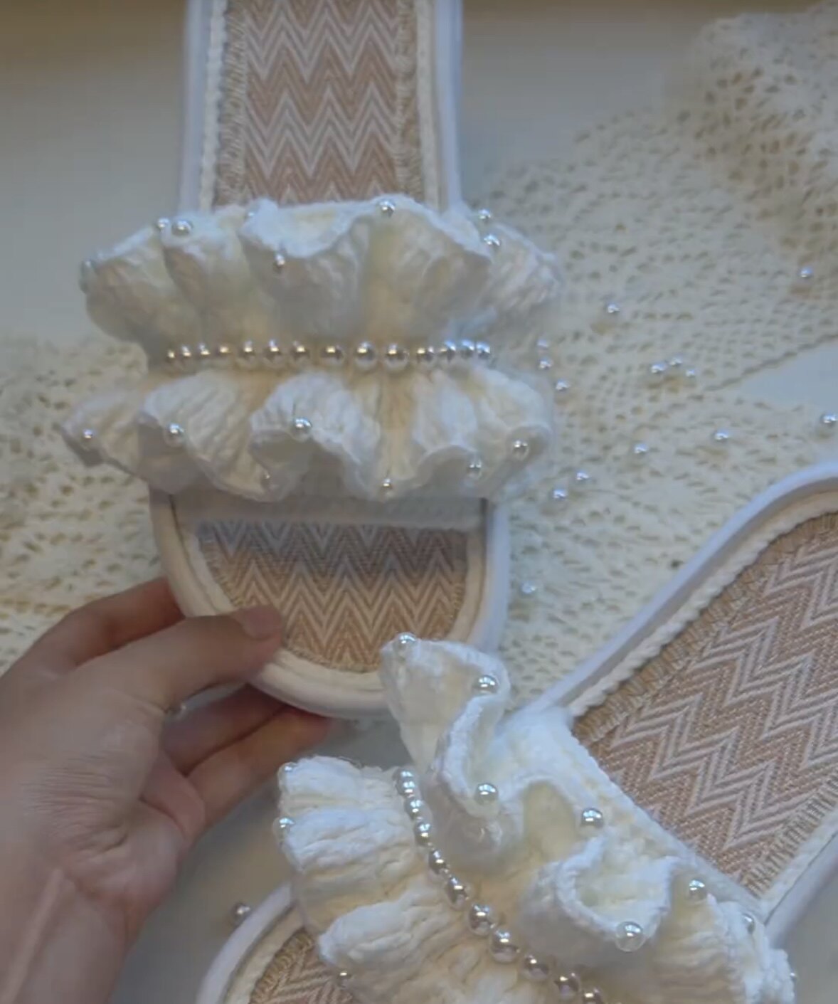 【成品】纯手工编织女款拖鞋夏季泡芙花布条线外穿加厚鲸鱼亚麻底
