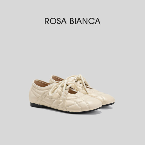 Rosa Bianca米白色平底浅口单鞋女2026新款春季真皮圆头玛丽珍鞋