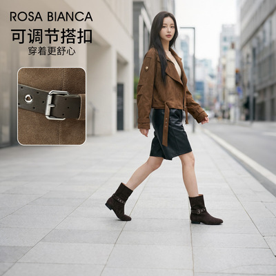Rosa Bianca牛皮绒面时装靴粗低跟皮带扣2026新款洋气西部女靴