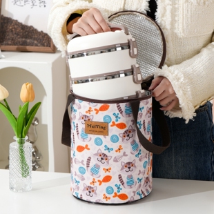 加厚防水圆筒手提饭盒袋手拎闷烧杯套饭桶保温包大容量圆形便当包