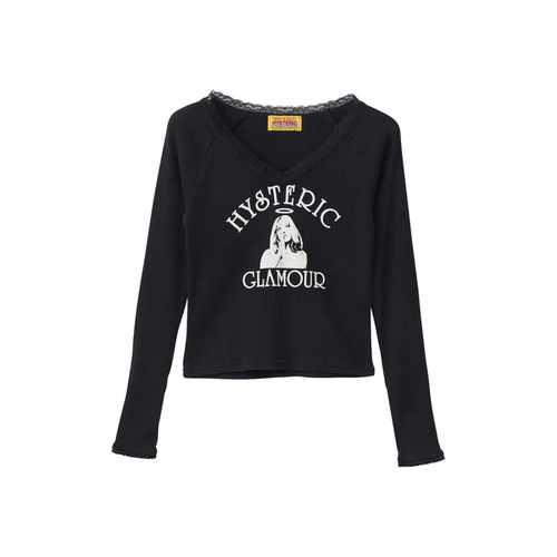 hysteric glamour 长袖休闲T恤 V领蕾丝边上衣