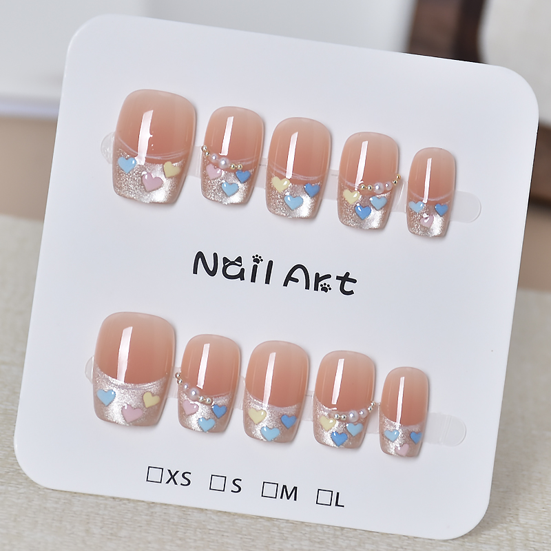 穿戴甲短款学生党2025新款法式爱心珍珠猫眼指甲贴片美甲贴片