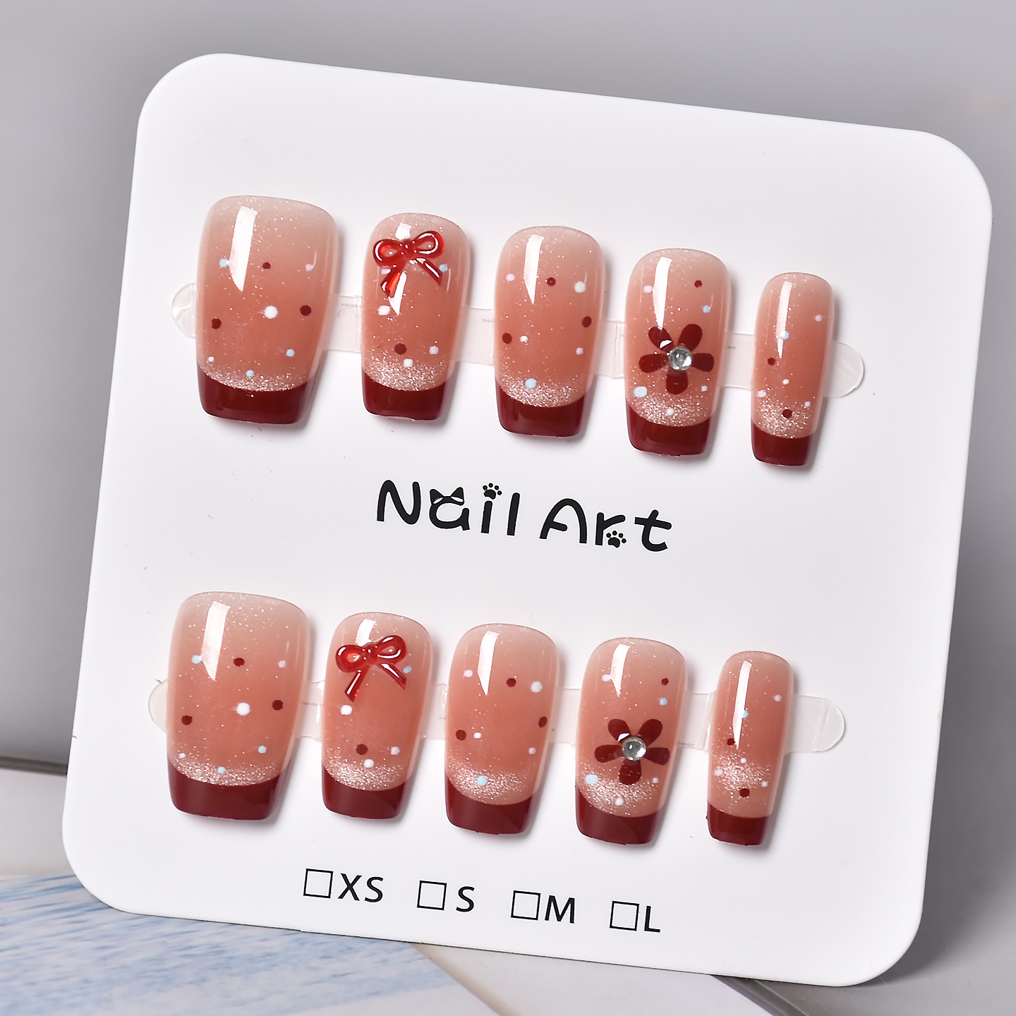 法式小花蝴蝶结手工穿戴甲中长款学生党日常穿戴款美甲假指甲红色