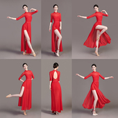 一片式 舞蹈大摆裙红色旗袍半身开叉裙古典舞飘逸练功跳舞演出服女