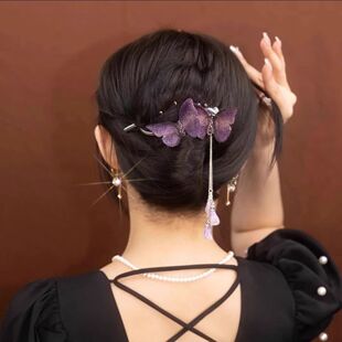 下单立减50】新年梅花蝴蝶流苏后脑勺盘发一字夹发夹女古风扭扭夹