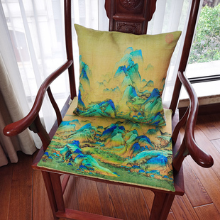 千里江山图新中式 靠枕 禅意山水抱枕红木椅子靠垫棉麻腰枕客厅中式