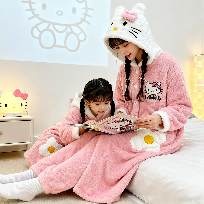 亲子装母女冬季睡袍KT猫法兰绒