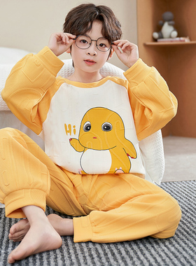 小奶龙儿童睡衣男童秋冬三层空气夹层夹棉保暖家居服男孩束口套装